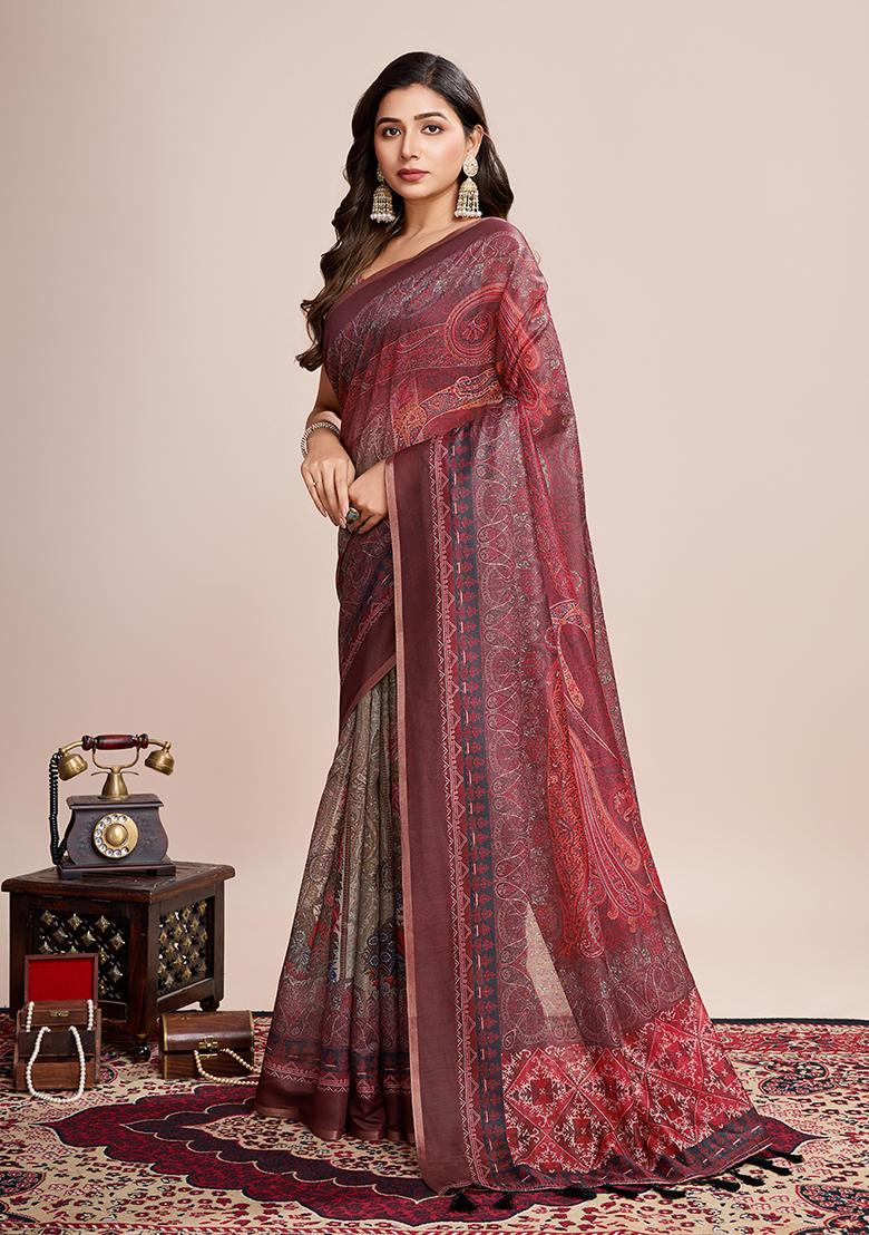 Multicolor Zari Work Printed Linen Saree Set