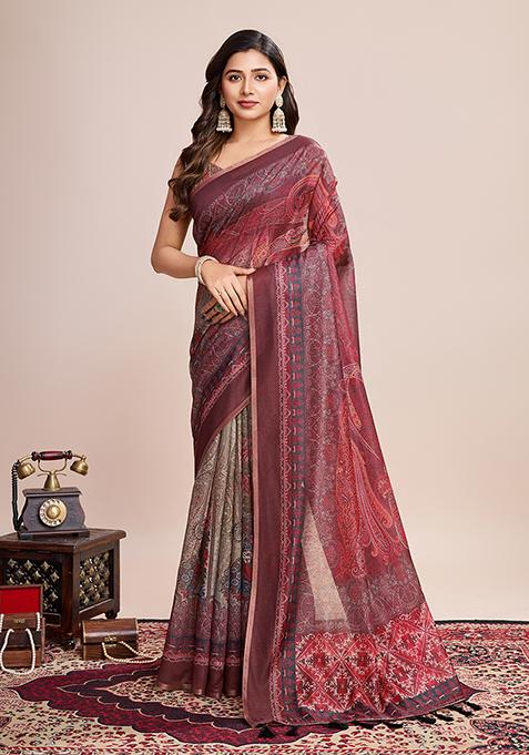 Multicolor Zari Work Printed Linen Saree Set
