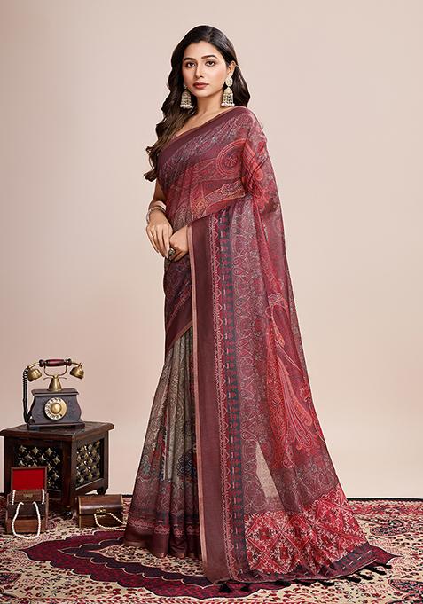 Multicolor Zari Work Printed Linen Saree Set