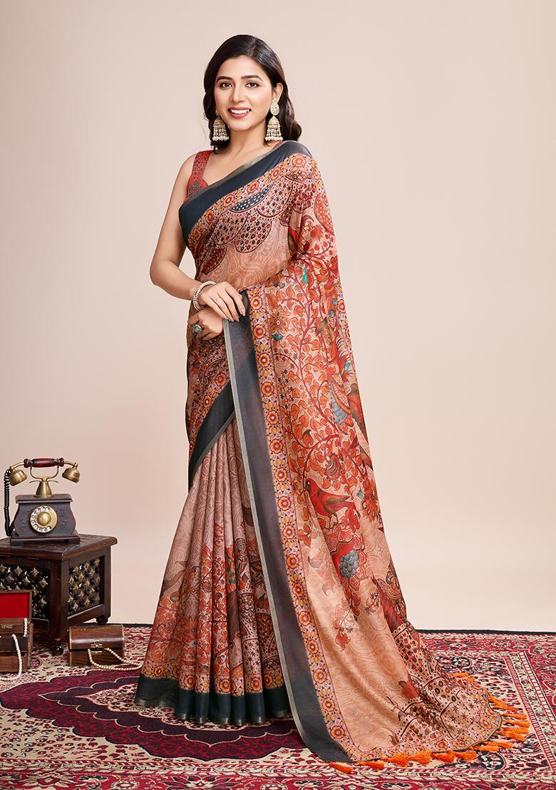Multicolor Zari Work Printed Linen Saree Set