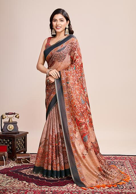 Multicolor Zari Work Printed Linen Saree Set