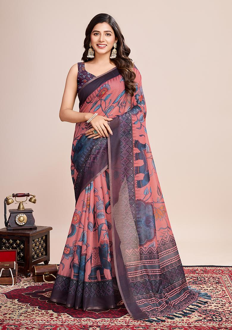 Multicolor Zari Work Printed Linen Saree Set