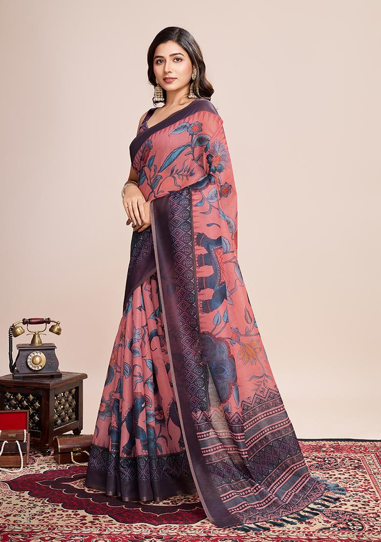 Multicolor Zari Work Printed Linen Saree Set