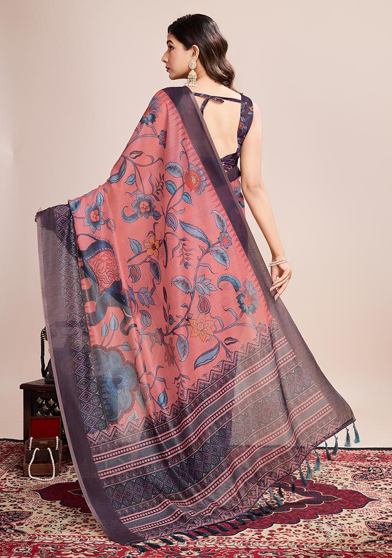 Multicolor Zari Work Printed Linen Saree Set