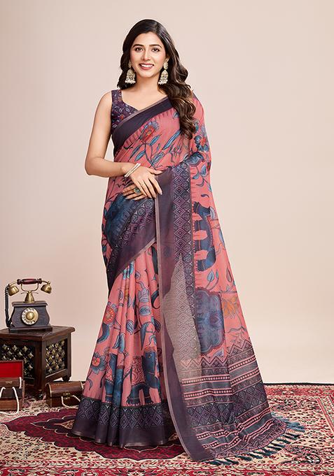 Multicolor Zari Work Printed Linen Saree Set