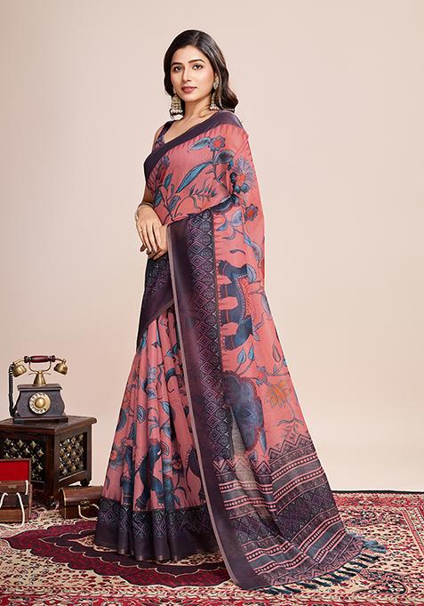 Multicolor Zari Work Printed Linen Saree Set