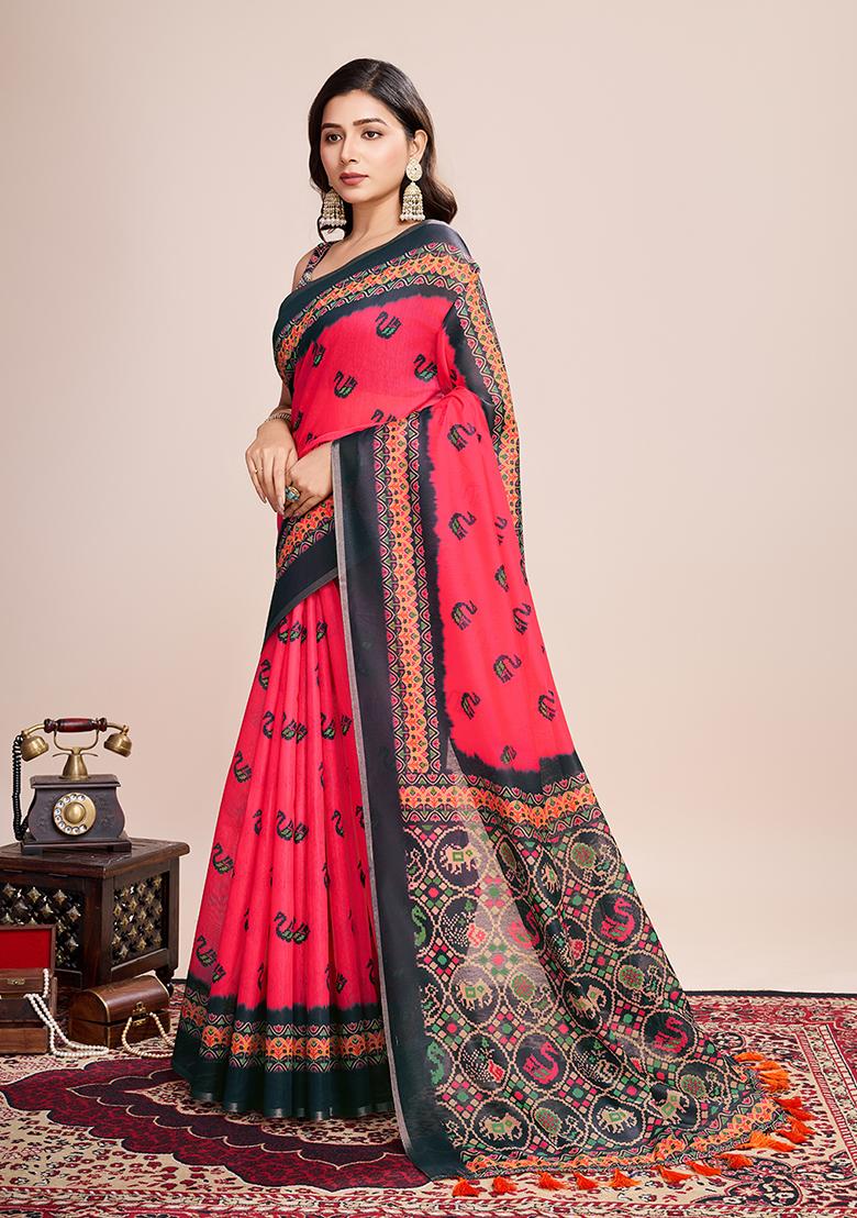 Multicolor Zari Work Printed Linen Saree Set