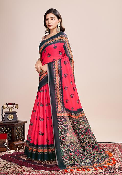 Multicolor Zari Work Printed Linen Saree Set
