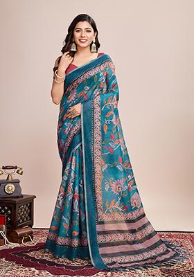 Multicolor Zari Work Printed Linen Saree Set