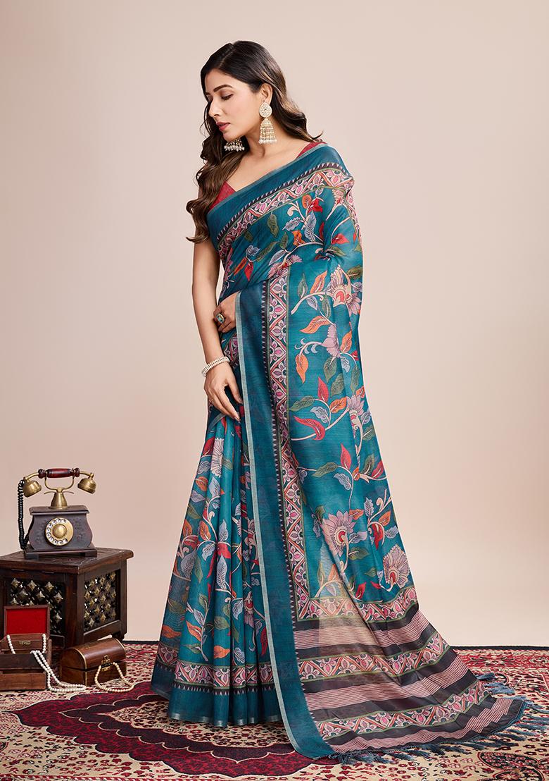 Multicolor Zari Work Printed Linen Saree Set