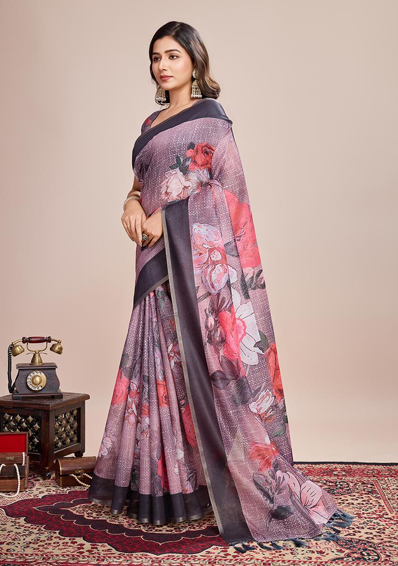 Multicolor Zari Work Printed Linen Saree Set