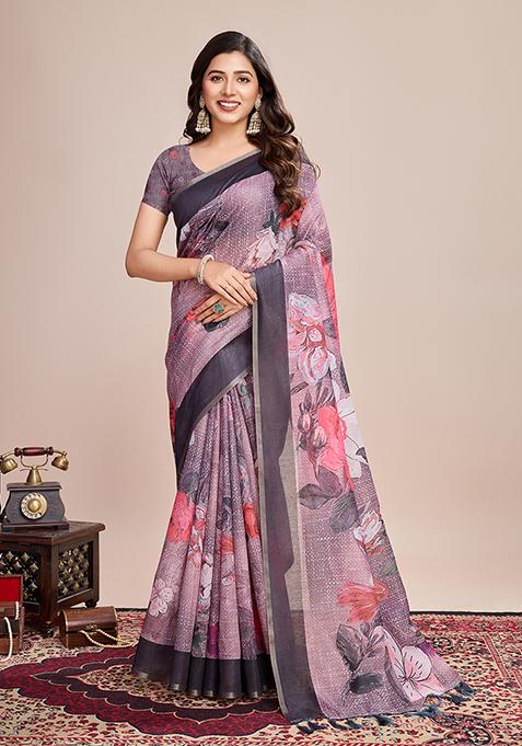 Multicolor Zari Work Printed Linen Saree Set