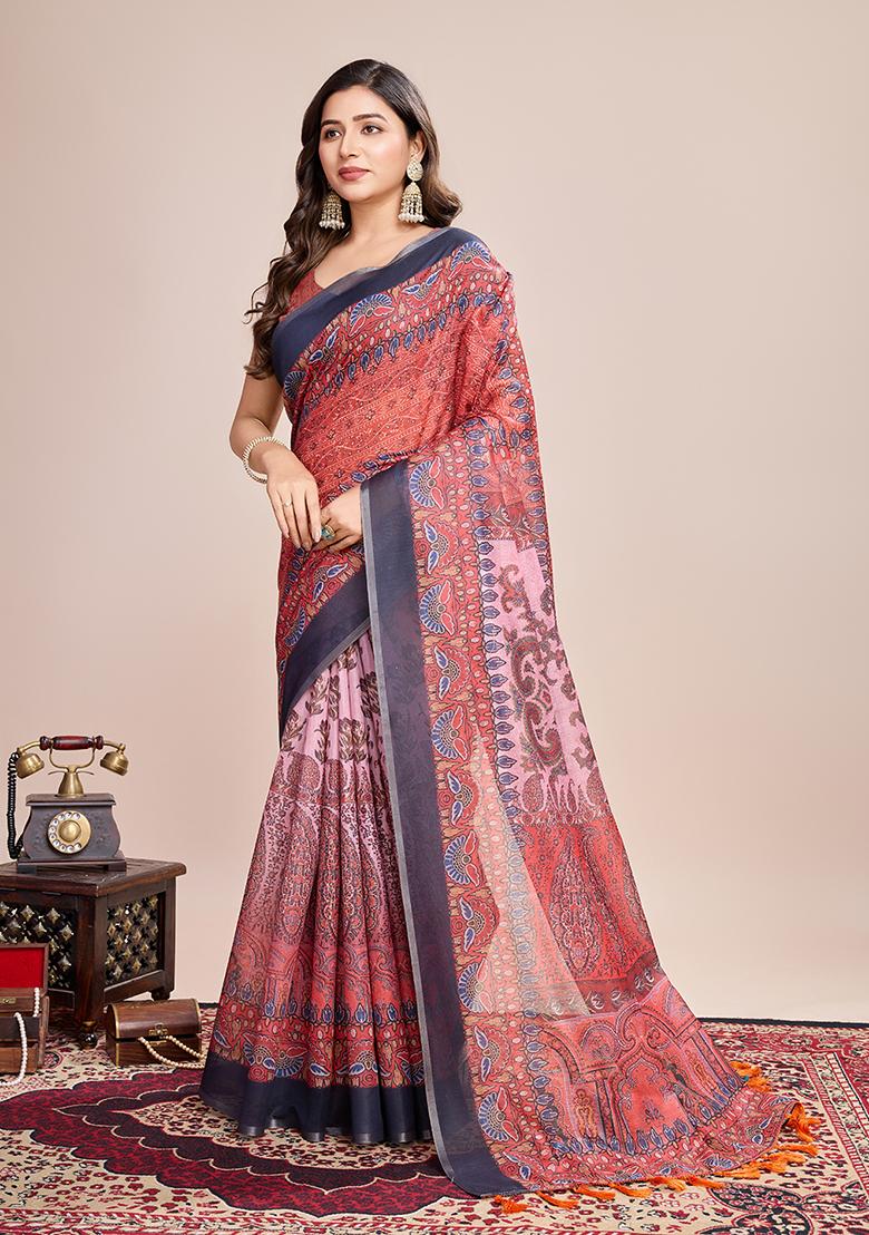 Multicolor Zari Work Printed Linen Saree Set