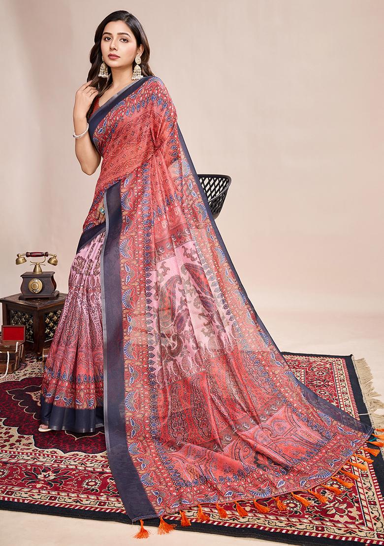 Multicolor Zari Work Printed Linen Saree Set