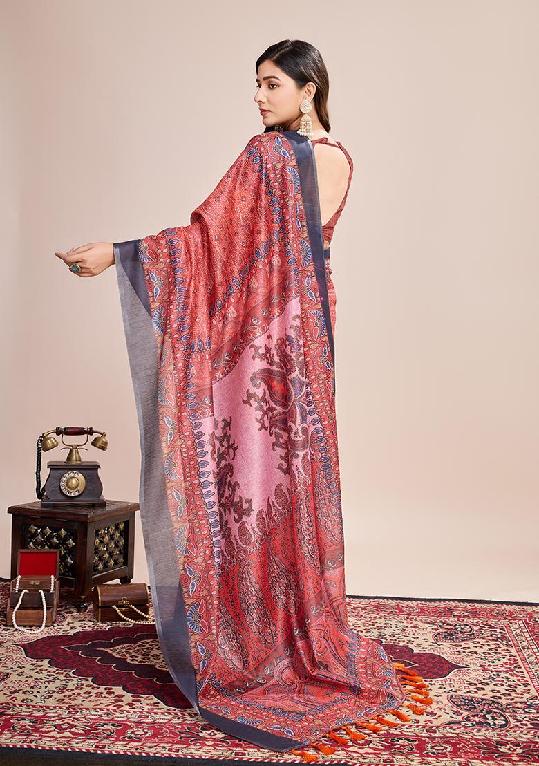 Multicolor Zari Work Printed Linen Saree Set