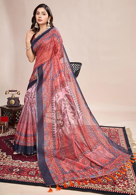 Multicolor Zari Work Printed Linen Saree Set