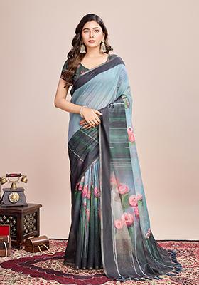 Multicolor Zari Work Printed Linen Saree Set