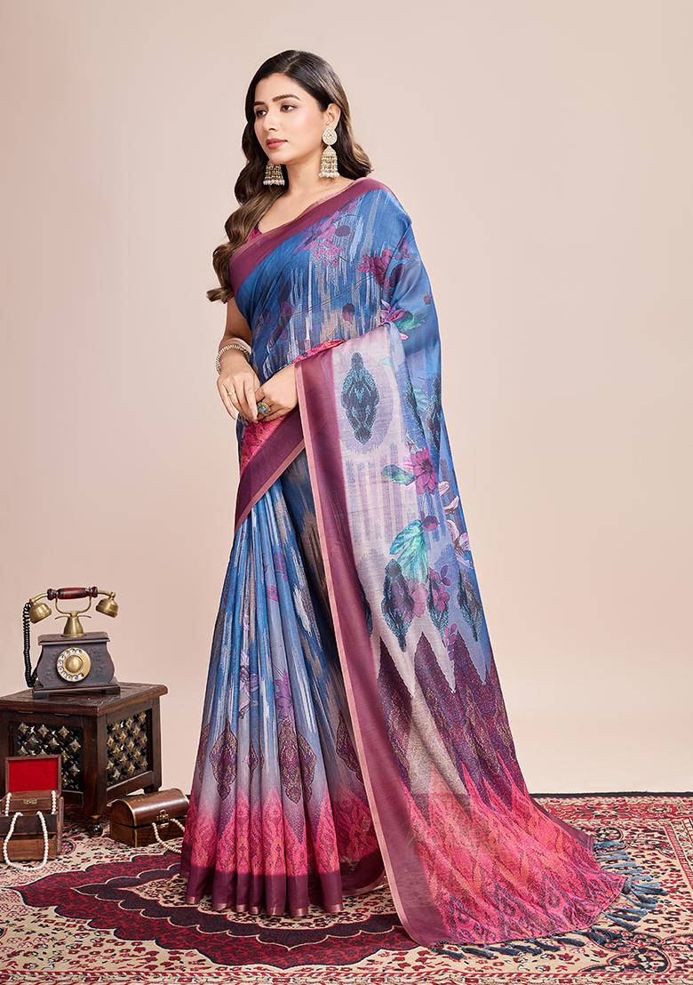 Multicolor Zari Work Printed Linen Saree Set