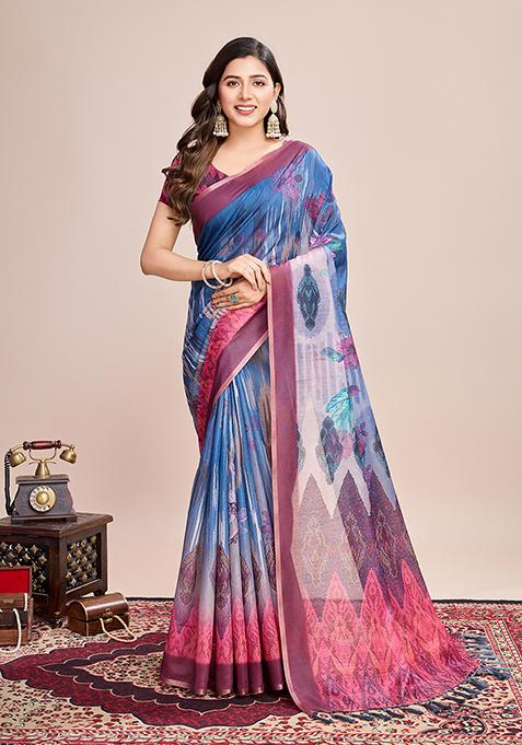 Multicolor Zari Work Printed Linen Saree Set