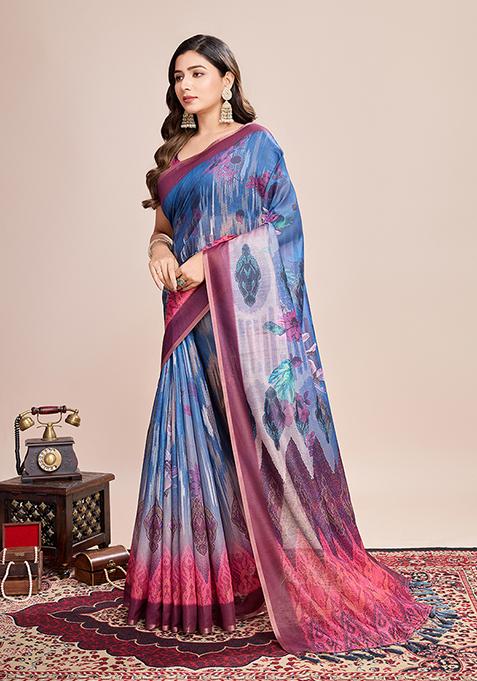 Multicolor Zari Work Printed Linen Saree Set