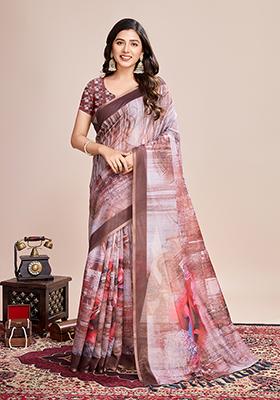 Multicolor Zari Work Printed Linen Saree Set