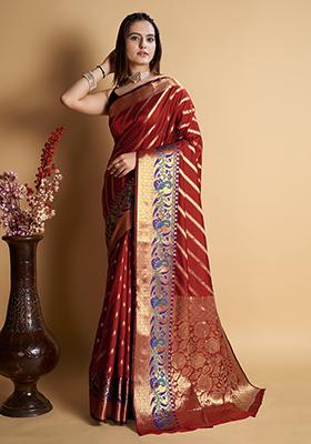 Maroon Woven Pure Silk Saree Set