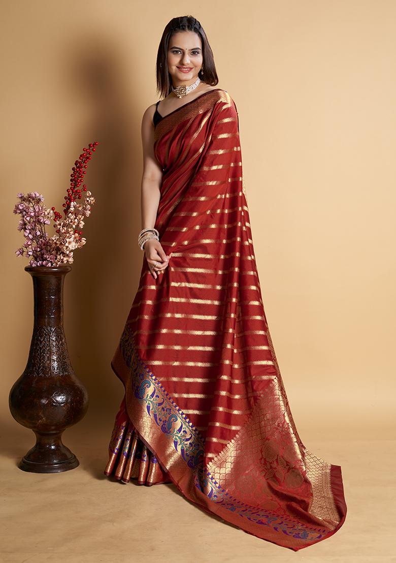 Maroon Woven Pure Silk Saree Set
