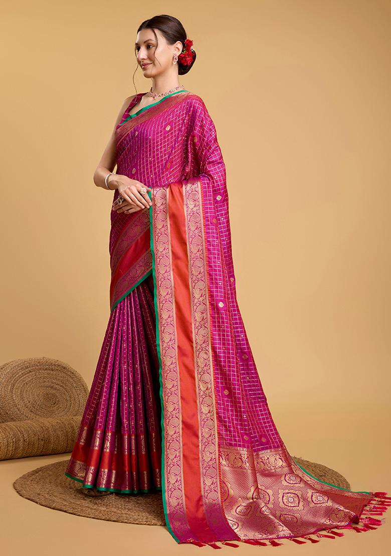 Wine Woven Pure Silk Saree Set