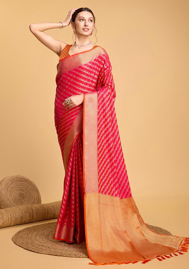 Rani Pink Woven Pure Patola Silk Saree Set