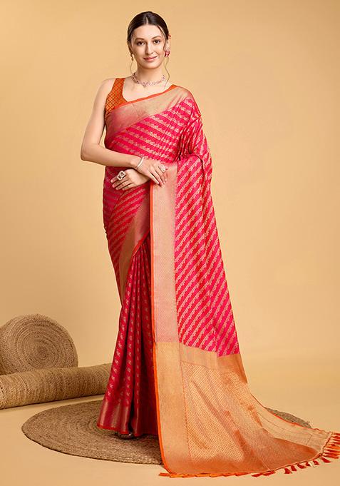 Rani Pink Woven Pure Patola Silk Saree Set