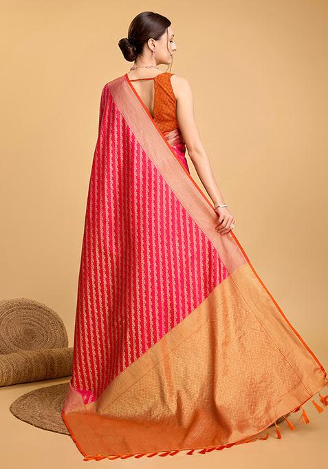 Rani Pink Woven Pure Patola Silk Saree Set