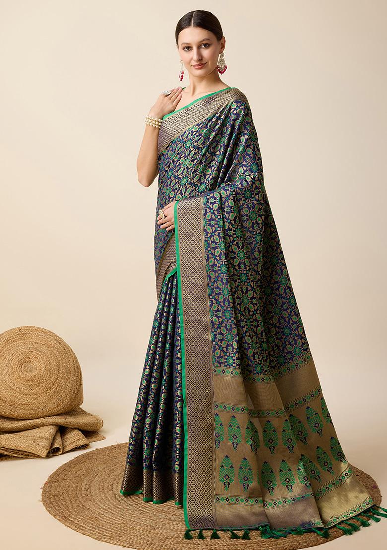 Blue Woven Pure Patola Silk Saree Set - Indya
