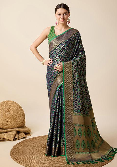 Blue Woven Pure Patola Silk Saree Set