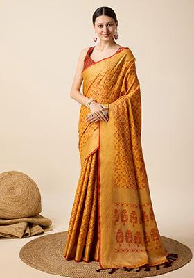 Yellow Woven Pure Patola Silk Saree Set