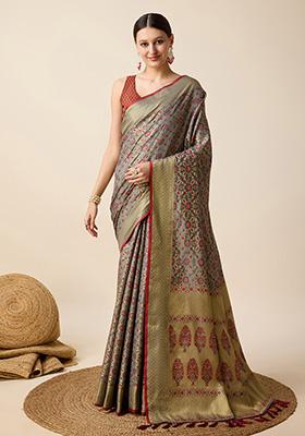 Grey Woven Pure Patola Silk Saree Set