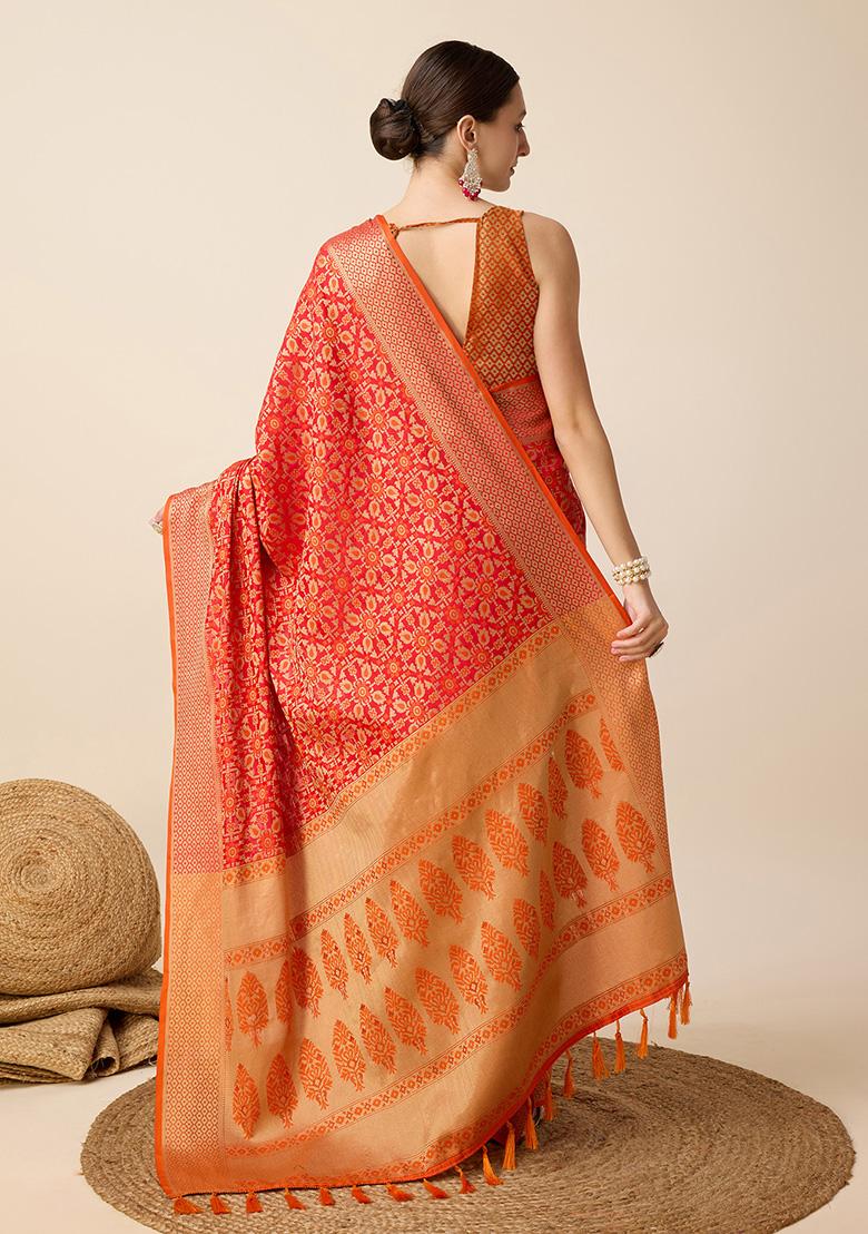 Orange Woven Pure Patola Silk Saree Set