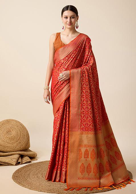 Orange Woven Pure Patola Silk Saree Set