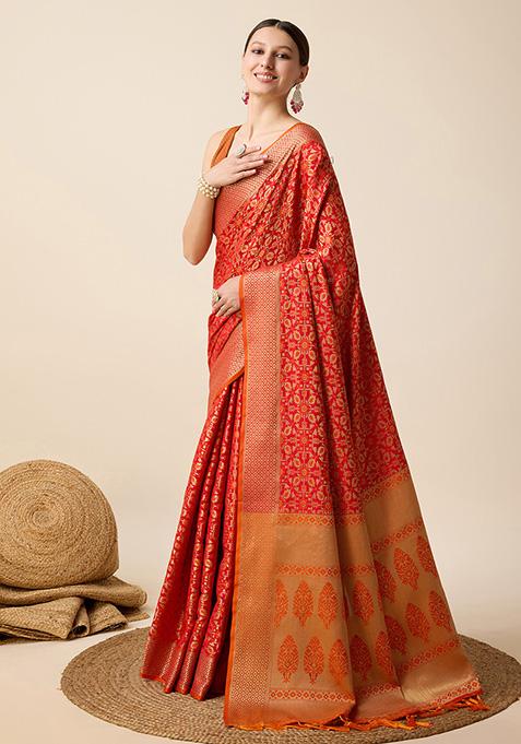 Orange Woven Pure Patola Silk Saree Set