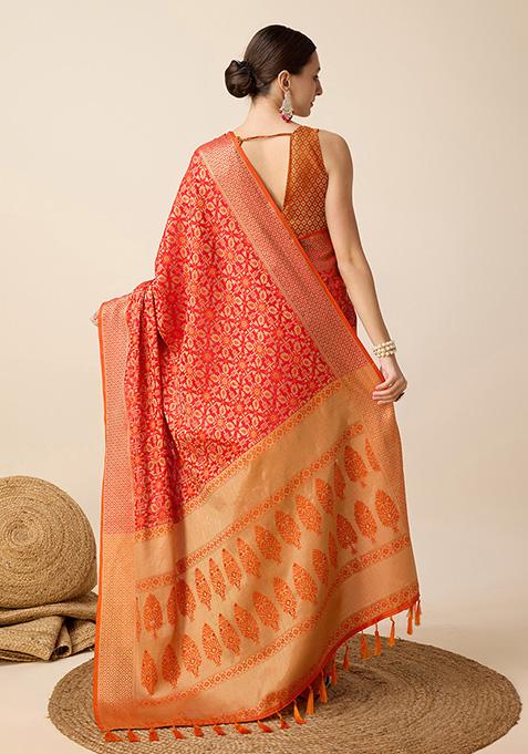 Orange Woven Pure Patola Silk Saree Set
