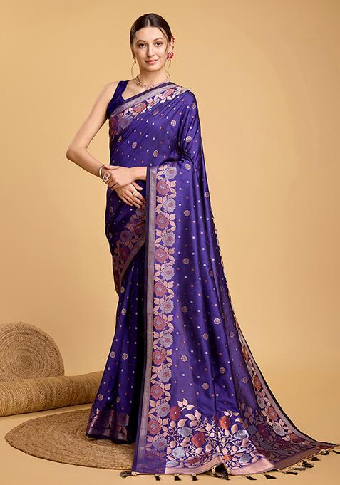 Purple Zari Work Pure Jacquard Saree Set