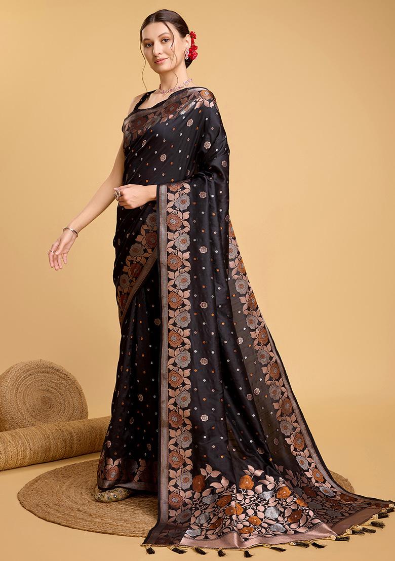 Black Zari Work Pure Jacquard Saree Set