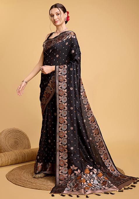 Black Zari Work Pure Jacquard Saree Set