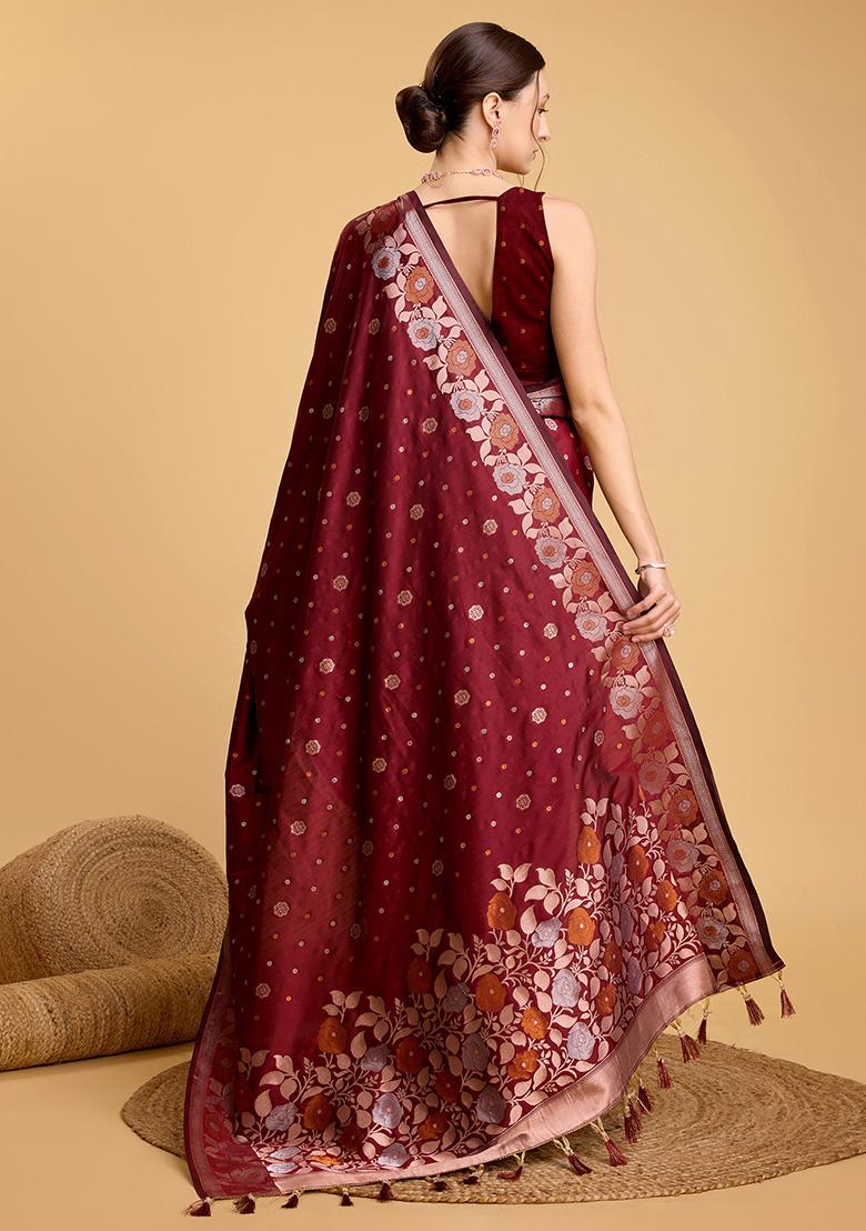 Bright Red Zari Work Pure Jacquard Saree Set