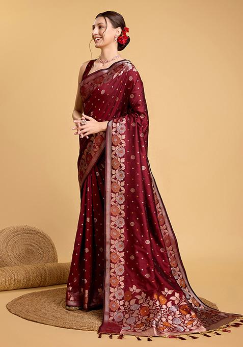 Bright Red Zari Work Pure Jacquard Saree Set