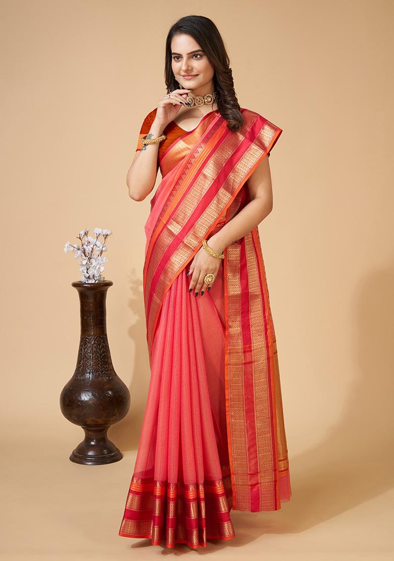 Off Pink Woven Kota Doriya Soft Silk Saree Set