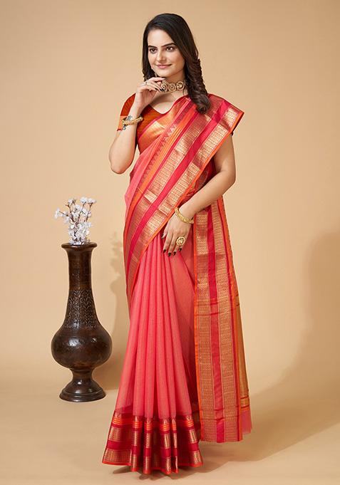 Off Pink Woven Kota Doriya Soft Silk Saree Set