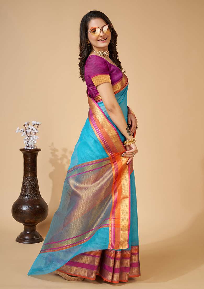 Sky Blue Woven Kota Doriya Soft Silk Saree Set - Indya
