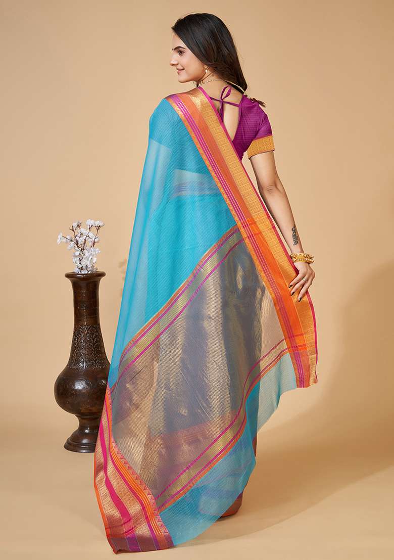 Sky Blue Woven Kota Doriya Soft Silk Saree Set - Indya