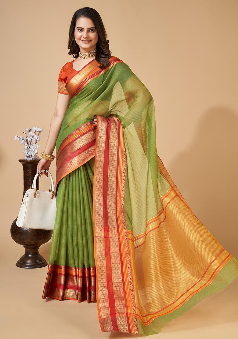 Off Green Woven Kota Doriya Soft Silk Saree Set