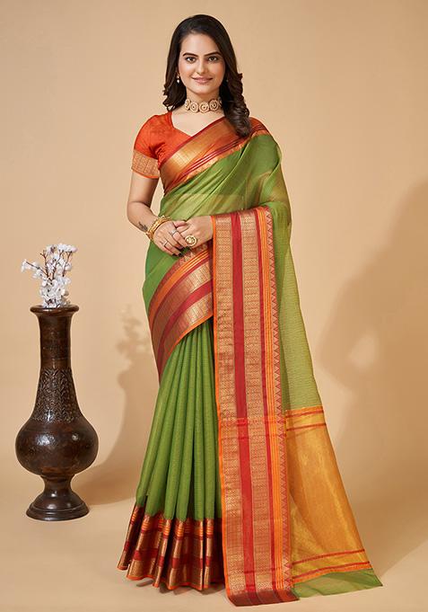 Off Green Woven Kota Doriya Soft Silk Saree Set